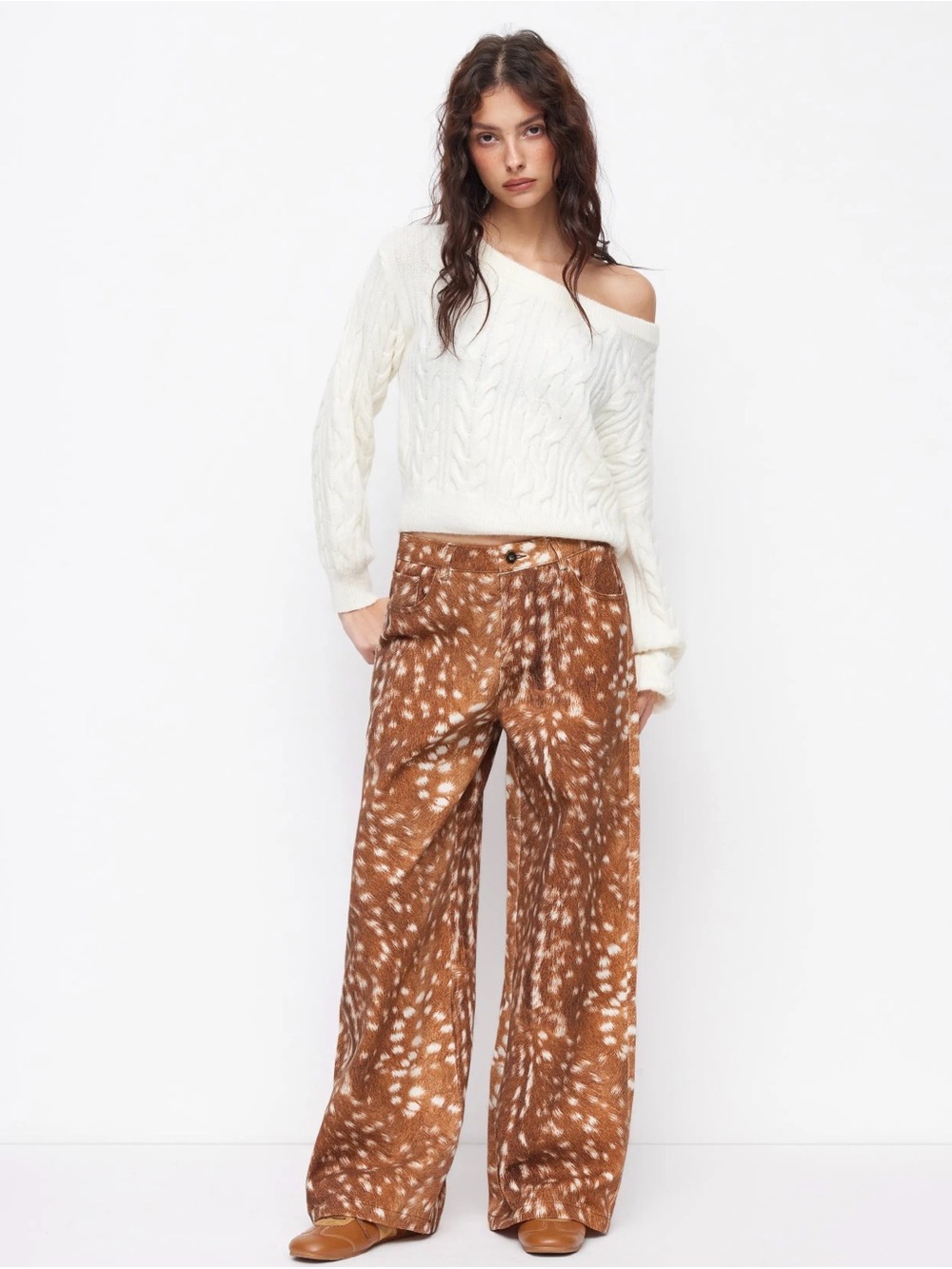 NWT COTTON-BLEND DEER PRINT MID RISE STRAIGHT LEG TROUSERS